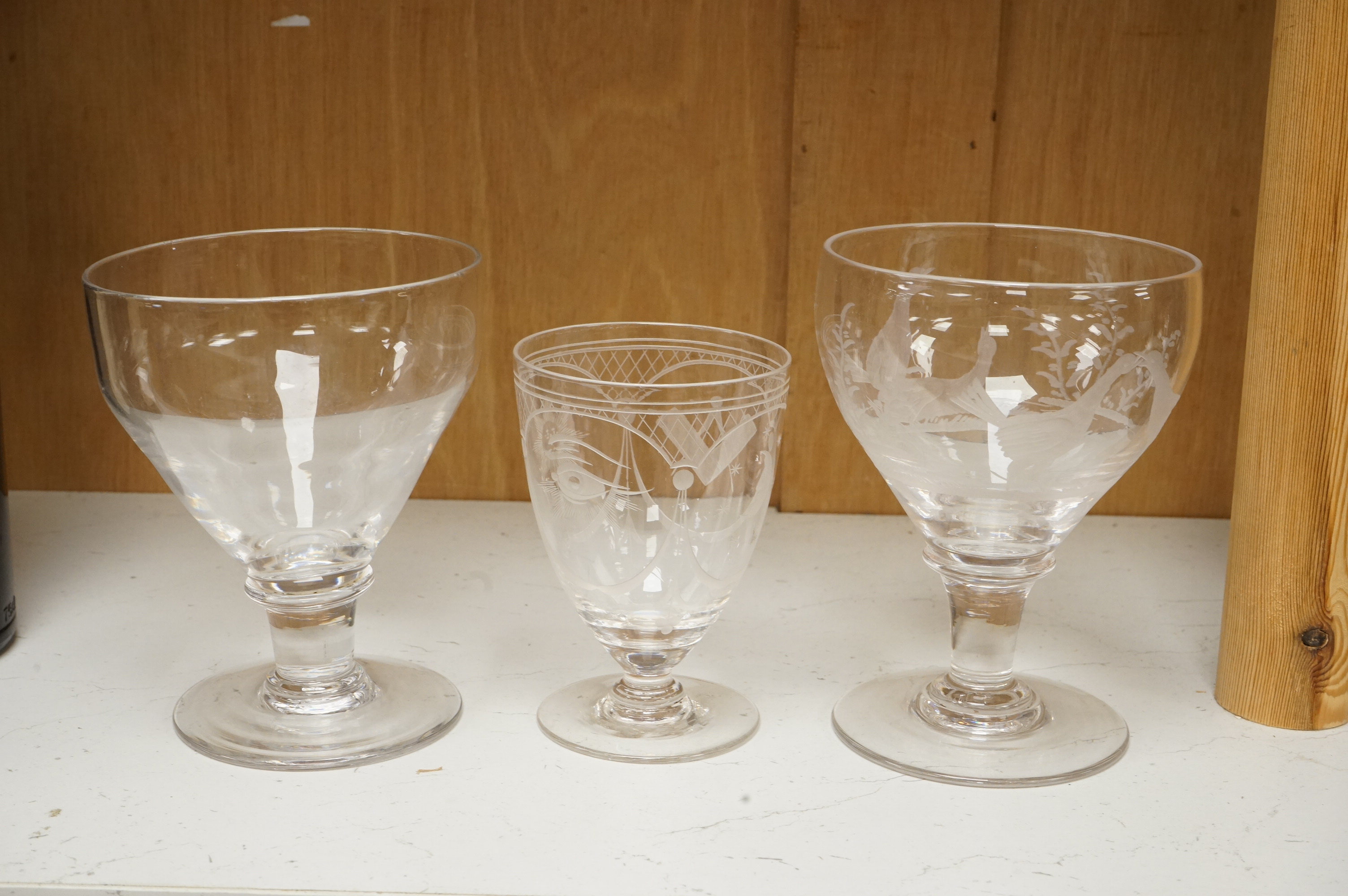 Two 19th century glass rummers and a smaller Masonic drinking glass, tallest 14cm